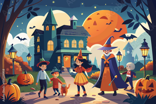 Vibrant scene of kids in costume trick or treating vector illustration