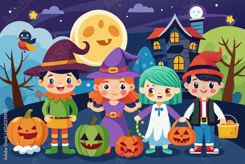 Colorful trick or treating with costumed children vector illustration