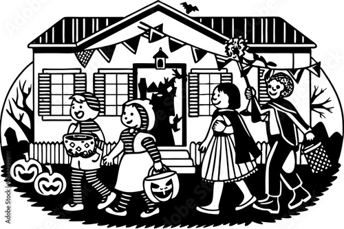 Kids in Halloween costumes on a trick or treat adventure vector illustration