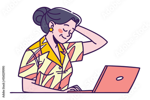 A cheerful woman with her hair in a bun wearing a colorful patterned shirt is happily working on her laptop