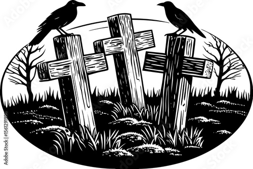 Crows perched on weathered wooden crosses vector illustration