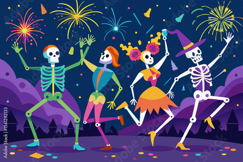 Joyful dancing skeletons under night fireworks vector illustration
