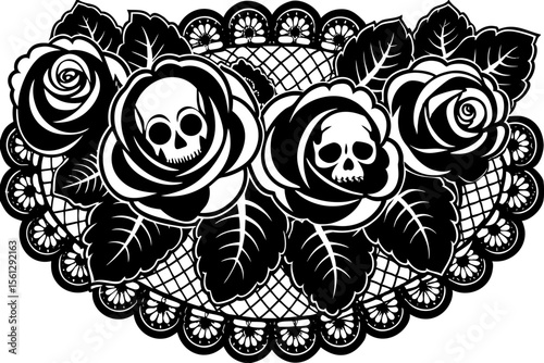 Dark roses intertwined with black lace and skulls vector illustration