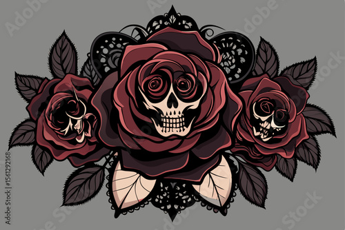 Gothic roses with skulls and delicate black lace vector illustration