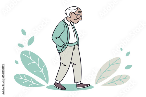 Lonely Senior Silhouette: A poignant illustration of an elderly individual, immersed in thought, strolling alone amidst subtly stylized foliage