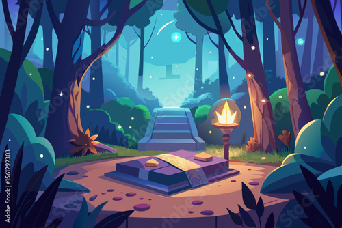 Enchanted woods illuminated by glowing symbols vector illustration