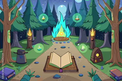 A magical forest with shining spell symbols vector illustration