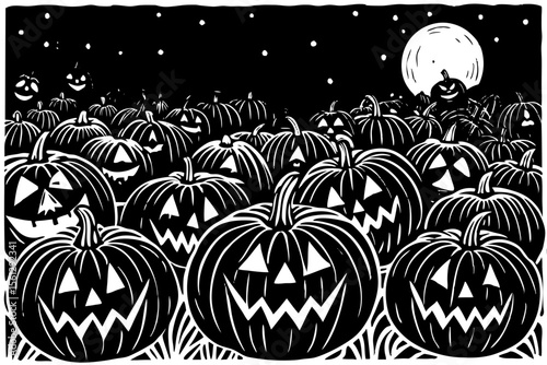 Carved jack o' lanterns in a field at twilight vector illustration
