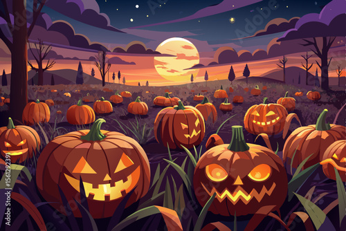 A vast field of carved pumpkins under a twilight sky vector illustration