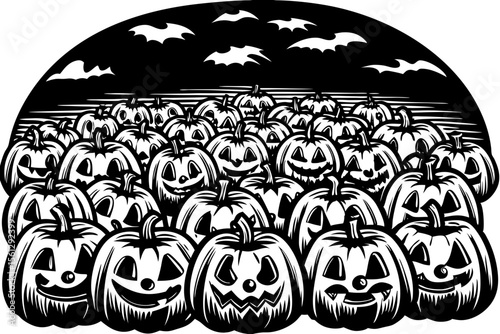 Numerous carved pumpkins in a field at evening vector illustration