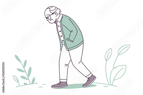 Elderly Person's Solemn Stroll: An elderly person, rendered in a simplistic style, takes a thoughtful walk amidst sketched flora, conveying introspection.