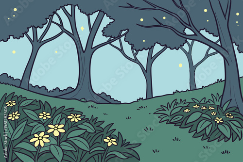 A clearing in the forest lit by witch fireflies vector illustration