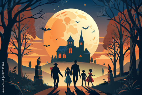 Trick or treaters silhouetted against a full moon vector illustration