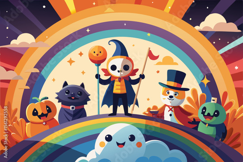 Fun Halloween characters on a vibrant rainbow vector illustration