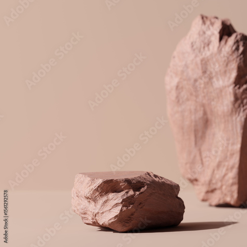 Terracotta Stone Podium Display with Natural Rough Texture on Muted Beige Background. 3D Rendering