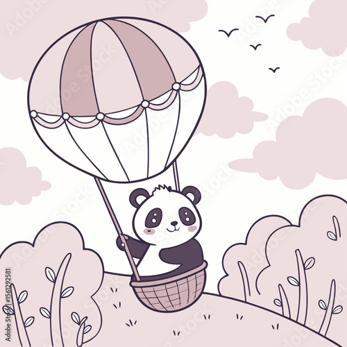 panda on hot air balloon dreamy cartoon