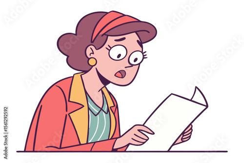 Surprised woman in a red blazer reads a document with wide eyes and open mouth expressing shock or disbelief