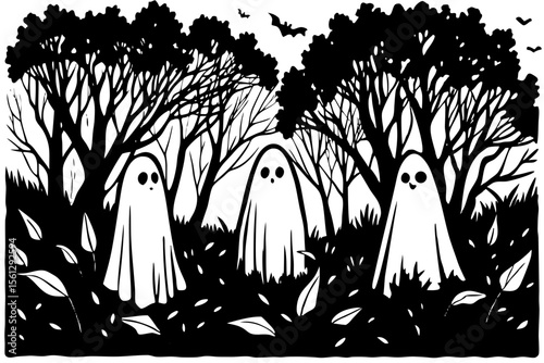 Spirits hovering in a misty enchanted forest vector illustration