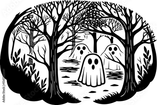 Ghosts drifting through a misty woodland scene vector illustration
