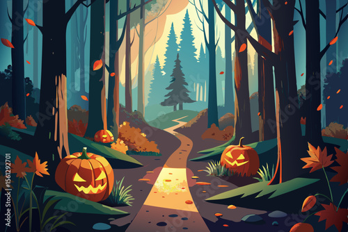 Glowing pumpkin path through a dark forest vector illustration