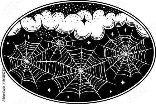Glowing spiderwebs against a dark purple sky vector illustration