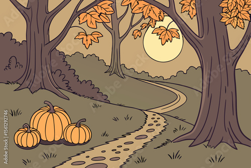 Pathway of glowing jack o' lanterns in the woods vector illustration