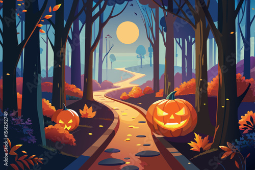Luminous pumpkin trail lighting up the woods vector illustration