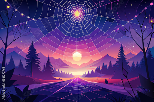 Radiant spiderwebs against a purple twilight sky vector illustration