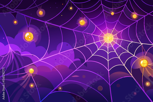 Luminous spiderwebs under a vibrant purple sky vector illustration