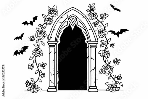 Gothic archway adorned with roses and flying bats vector illustration
