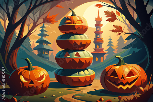 Stacked Halloween pumpkins forming a spiral design vector illustration