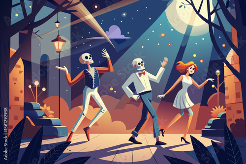 Joyful skeletons dancing underneath the stars vector illustration