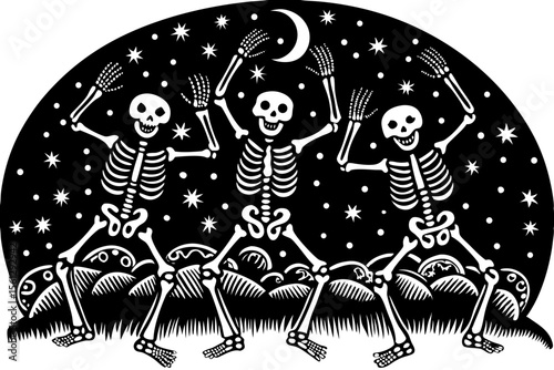 Happy skeletons in motion under a starlit sky vector illustration