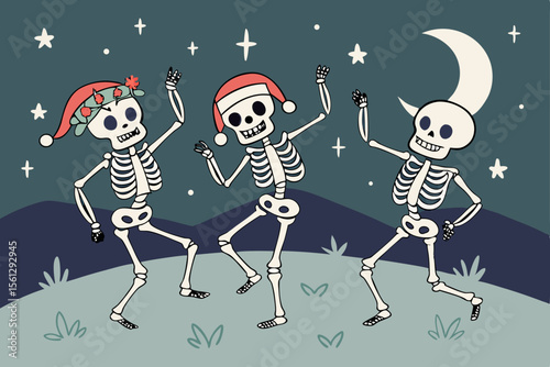 A group of happy skeletons dancing in the starlight vector illustration
