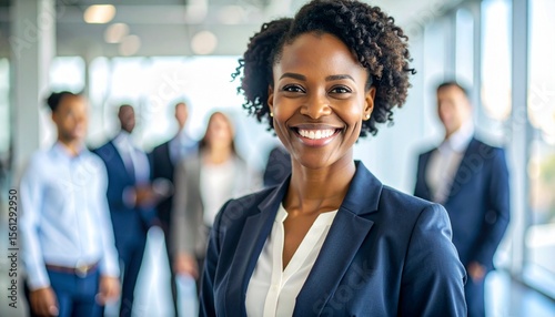 Confident African American Businesswoman Smiling in Office with Diverse Team in Background, Professional Portrait.