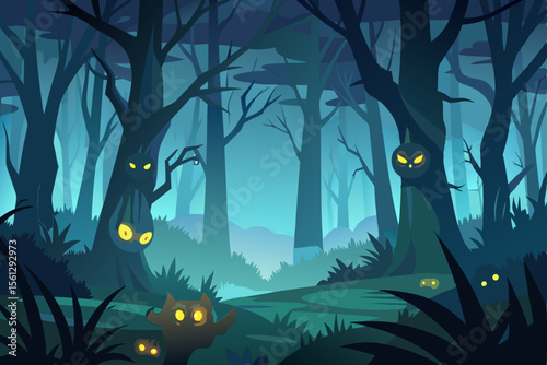 Eerie forest scene with fog and watchful glowing eyes vector illustration