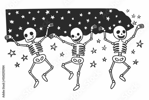 Cheerful dancing skeletons under a starry night sky vector illustration