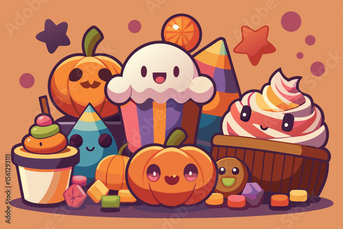 Kawaii style Halloween treats with candy and cupcakes vector illustration