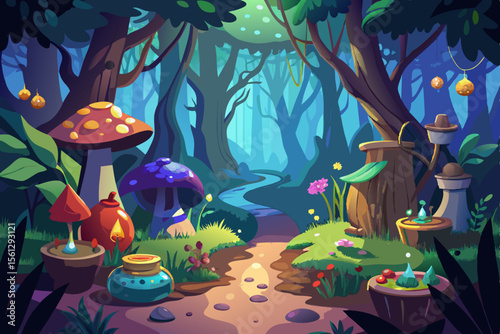 Magical woods with witch potions and enchanting mushrooms vector illustration