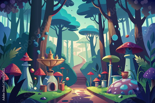 Enchanted forest filled with witch potions and wild mushrooms vector illustration