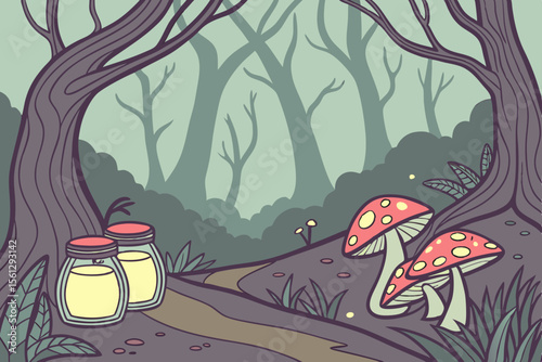 Witchcraft potions and mushrooms in a magical forest setting vector illustration