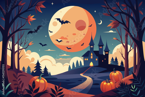 Moon phases design incorporating classic Halloween icons vector illustration