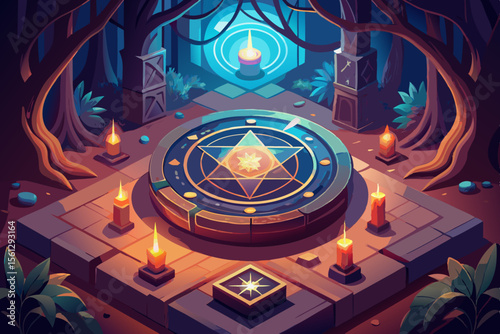 Luminous circle of power with various witchcraft symbols vector illustration