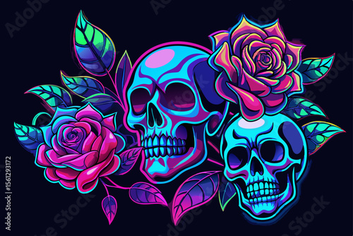 Neon glowing skulls decorated with vibrant roses vector illustration
