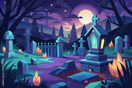 A nighttime graveyard illuminated by floating candles vector illustration