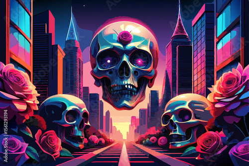 Bright neon skulls adorned with detailed roses vector illustration