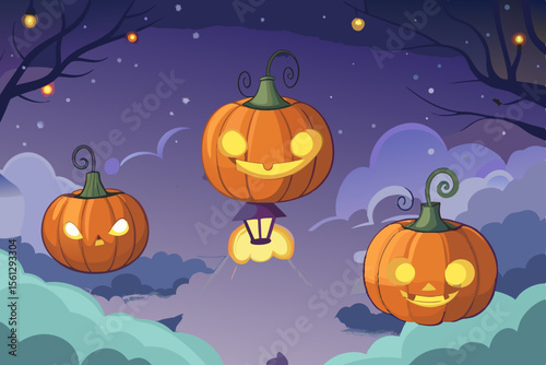 Jack o' lanterns drifting in an ethereal magical mist vector illustration