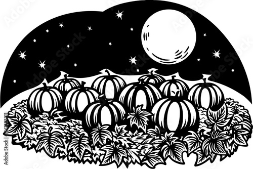 Pumpkin patch at night with leaves and a full moon vector illustration