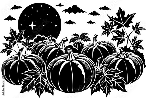 Full moon over a pumpkin patch with scattered leaves vector illustration