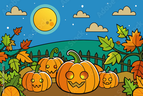 Nighttime pumpkin patch with fallen leaves and bright moon vector illustration